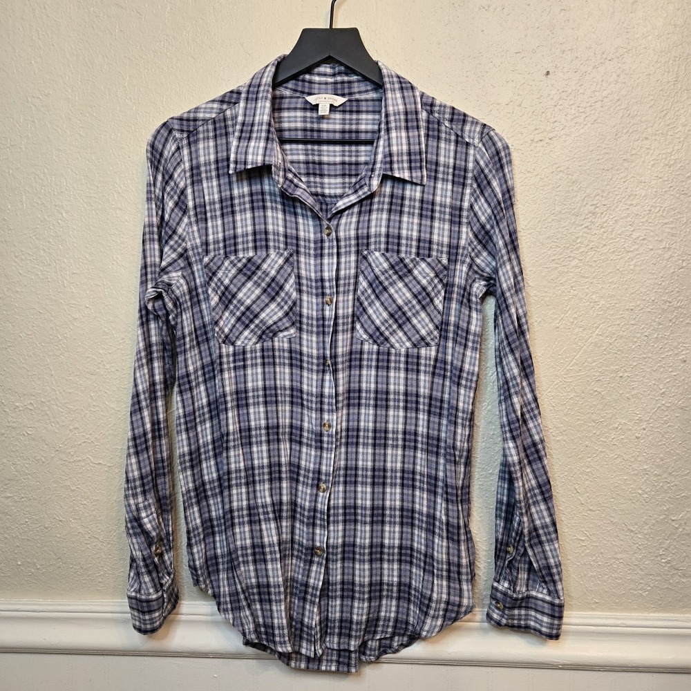 Lucky Brand Womens Small Tiny Plaid Blue Button Up Long Sleeve Pockets‎ Cowgirl - Picture 2 of 13